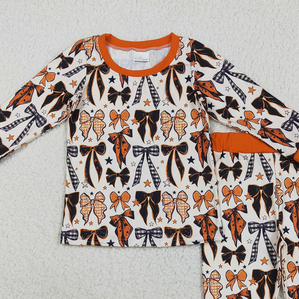 8.23 RTS NO MOQ （In stock）GLP2573 Baby Girls Winter Outfits Baby Girls Colorful Bows Stars Plaid Top Pant Halloween Pajamas Set