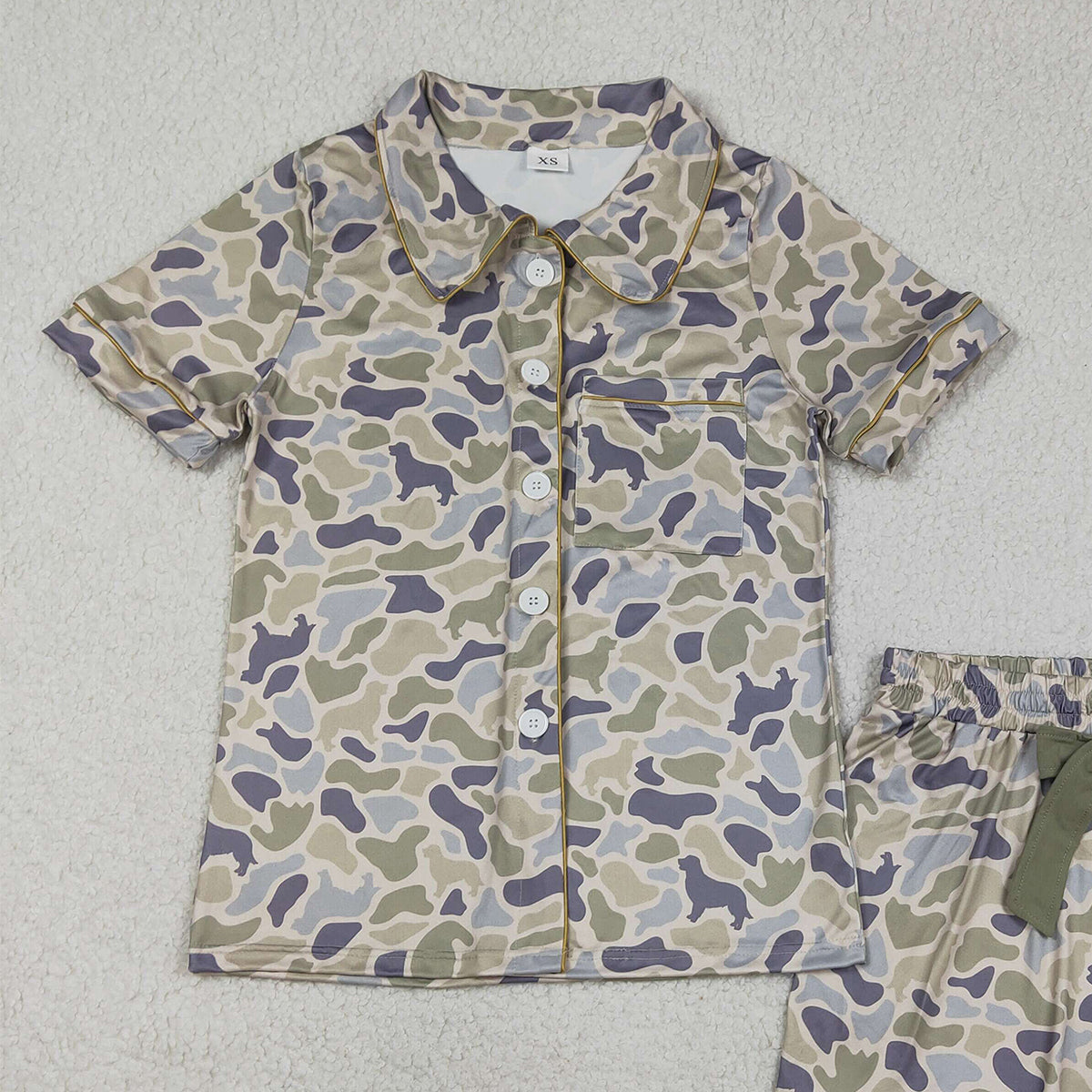 3.12 RTS NO MOQ （In stock）GSSO3135 Adult Women Southern Dogs Camo Button Pocket Top Ruffle Shorts Pajamas Set