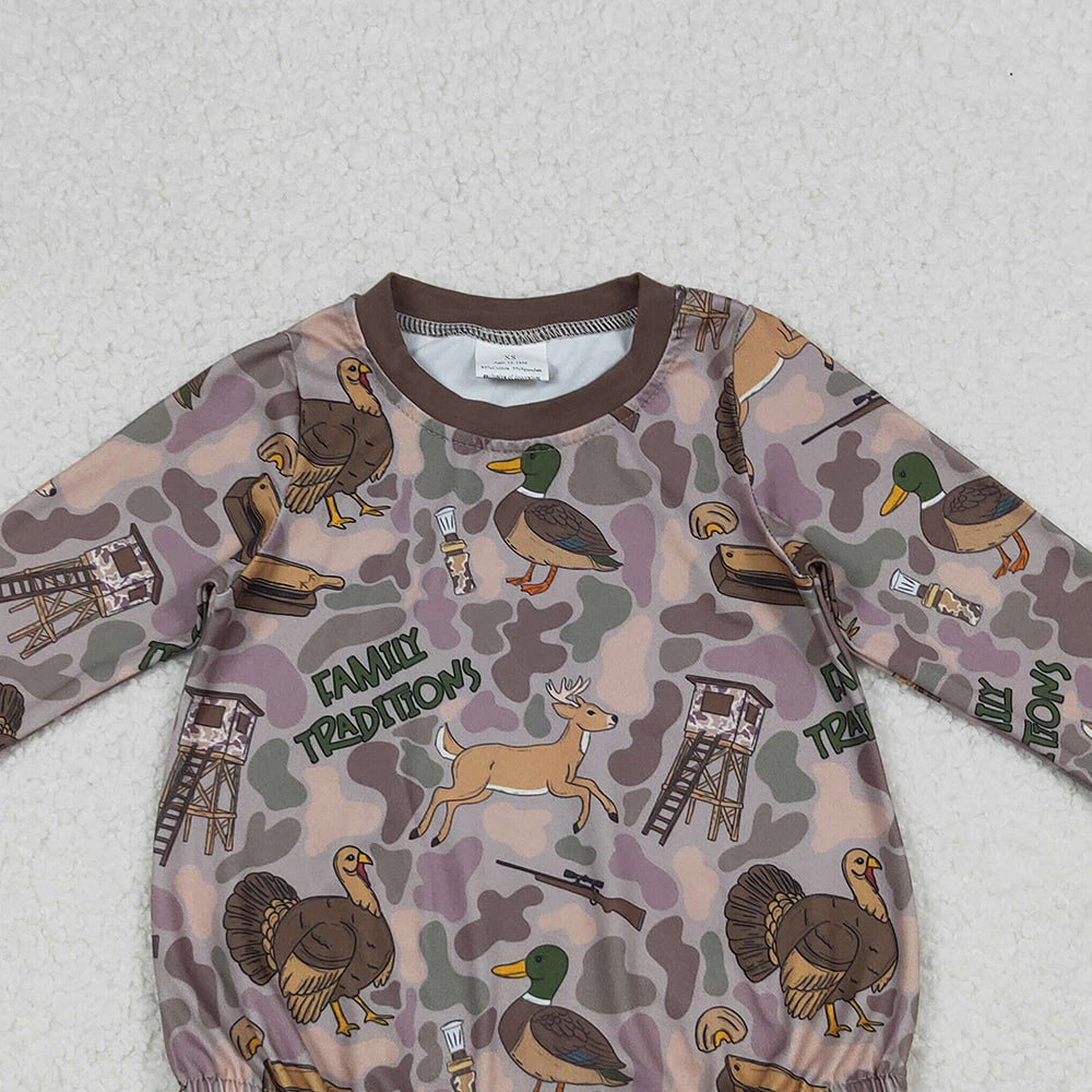 9.29 RTS NO MOQ （In stock）LR2440 Baby Boys Winter Rompers Baby Boys Brown Camo Turkey Ducks Hunting Rompers