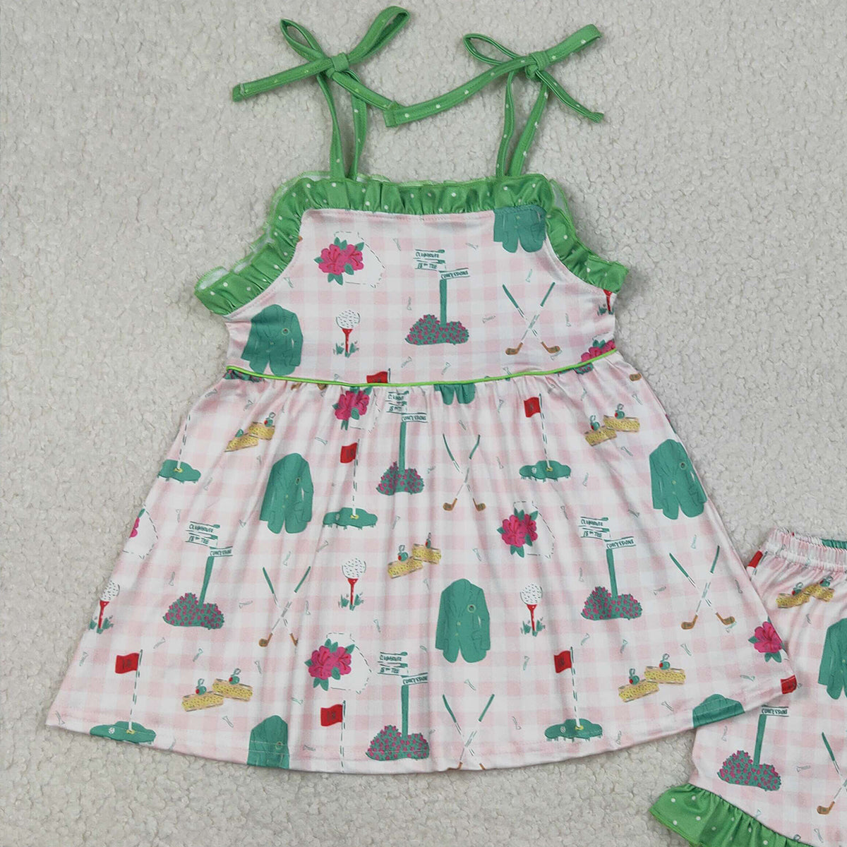 1.19 RTS NO MOQ （In stock）GSSO3099 Baby Girls Strap Pink Checked Golf Flags Tunic Ruffle Shorts Clothes Sets
