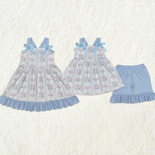 6.05 Light Blue Straps Floral Cake Bow Girls Birthday Clothes Cute Floral Design Strap Happy Birthday Girls Outfit
