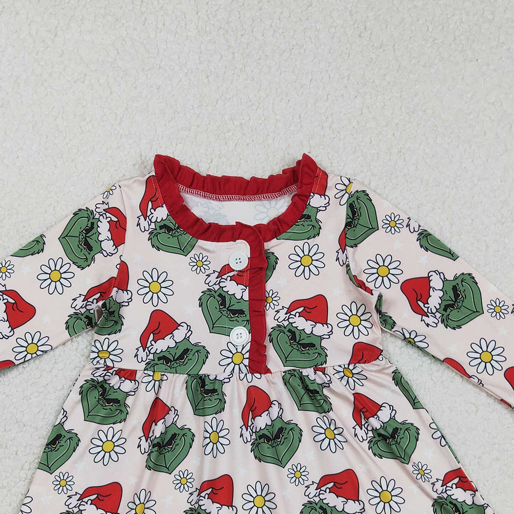 RTS NO MOQ （In stock）GLD1230 Baby Girls Winter Dress Button Christmas Green Face Flowers Knee Length Dress