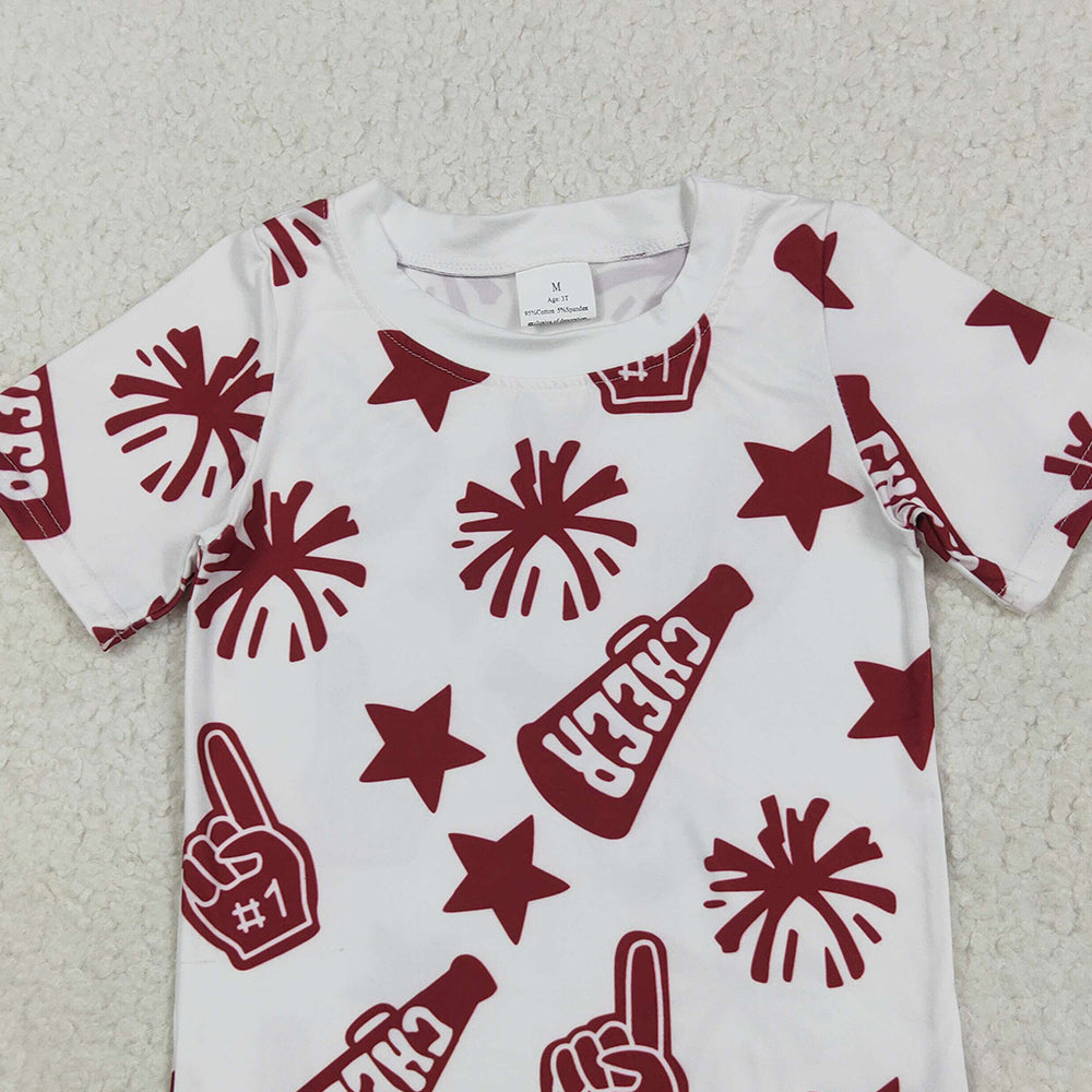 RTS NO MOQ （In stock）GT1093 Baby Girls Summer Tops Baby Girls Short Sleeves Dark Red Cheer Stars Team Tee Shirts Tops