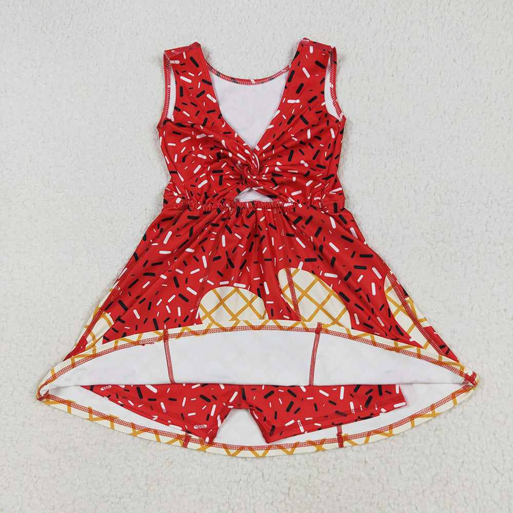 RTS NO MOQ （In stock）GSD2748 Baby Girls Summer Yoga Dress Baby Girls Red Drip Sleeveless Shorts Team Yoga Active Knee Length Dresses