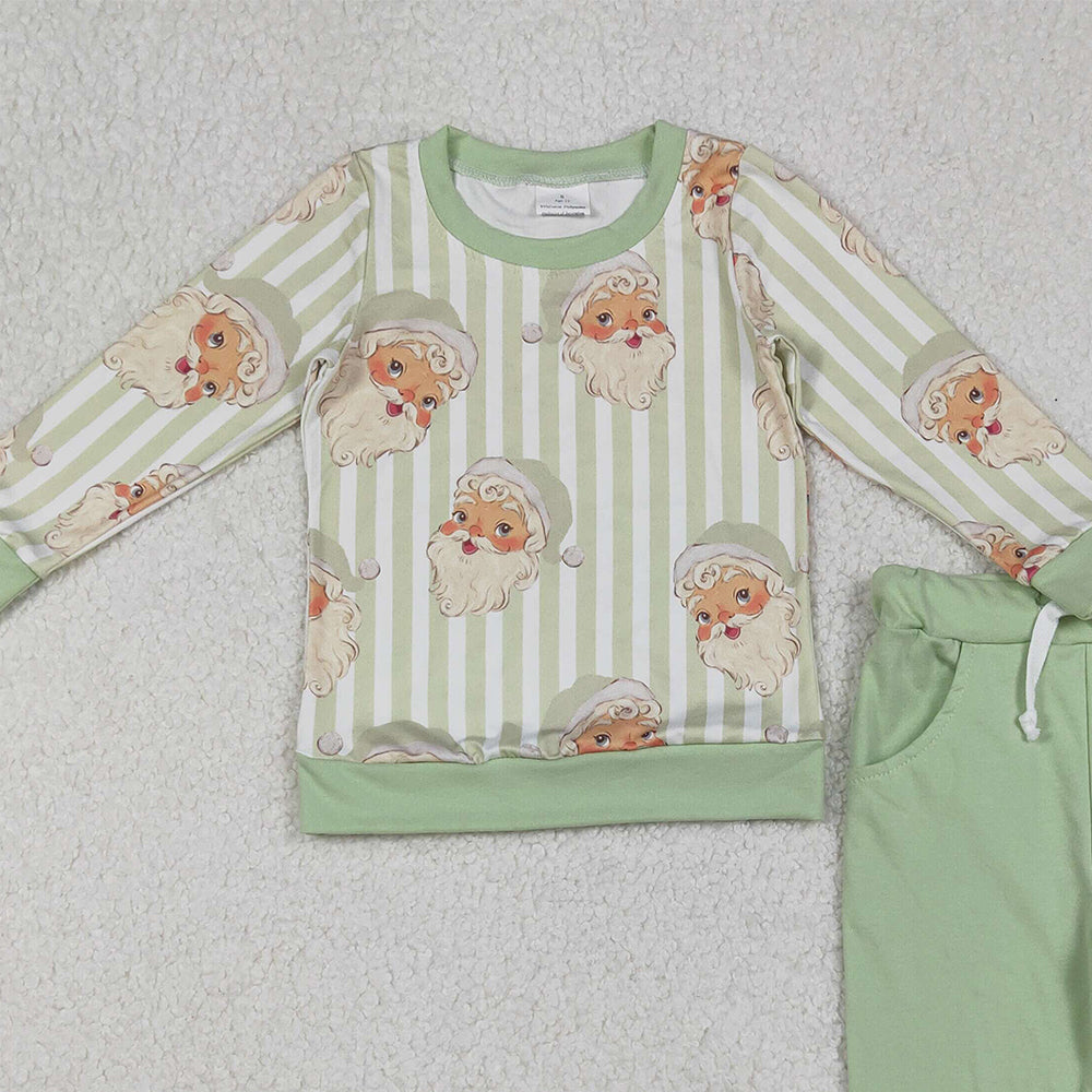 10.1 RTS NO MOQ （In stock）BLP1074  Baby Boys Winter Outfits Baby Boys Green Stripe Santa Top Pockets Pants Christmas Clothes Sets