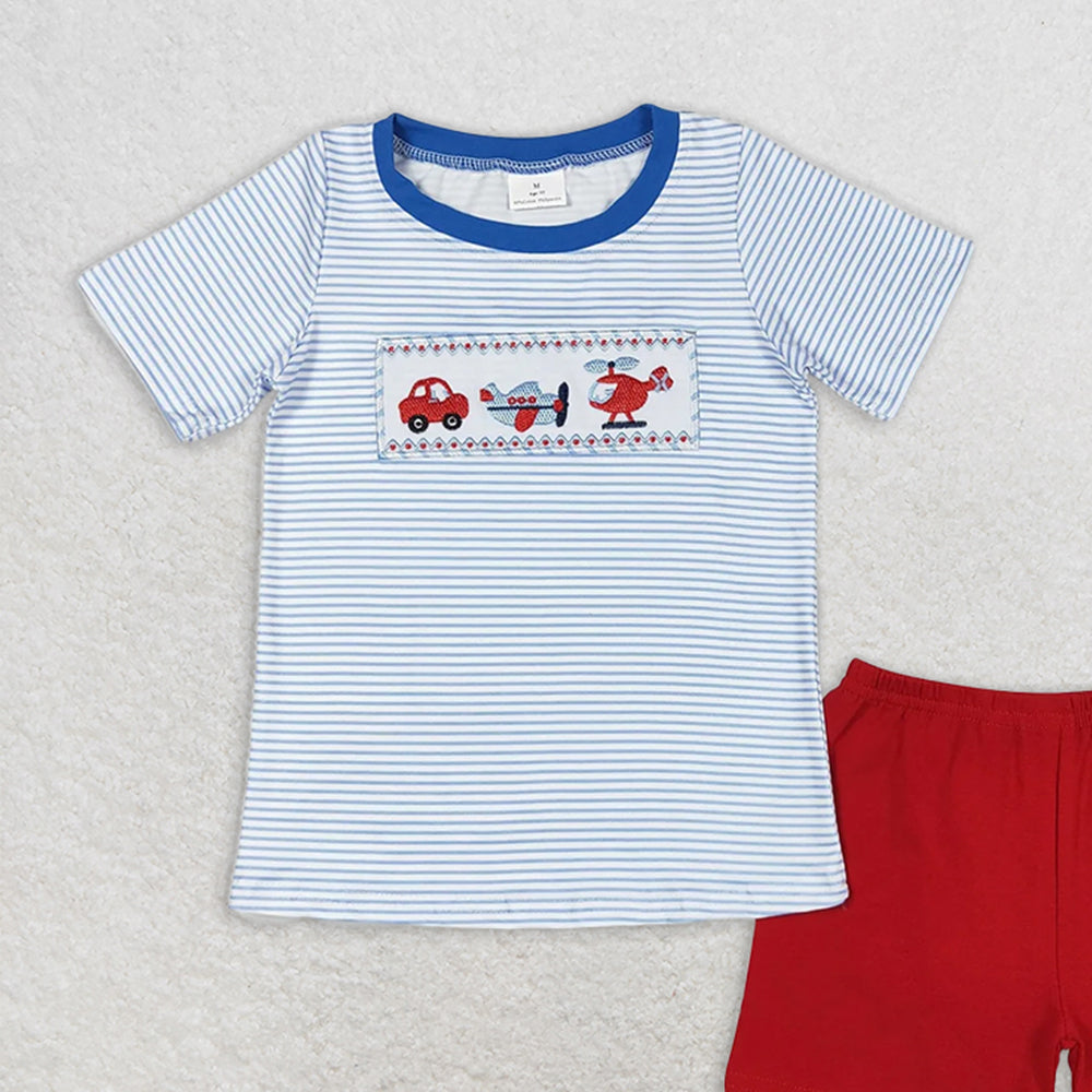 BSSO0649 RTS NO MOQ Baby Boys Summer Boys Outfits Baby Boys Blue Stripes Transpotation Shirt Shorts Clothes Sets