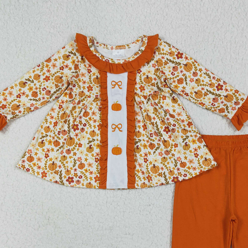 8.16  GLP2361RTS NO MOQ Baby Girls Winter Outfits Embroidery Baby Girls Long Sleeves Bows Pumpkins Floral Tunic Ruffle Pant Set
