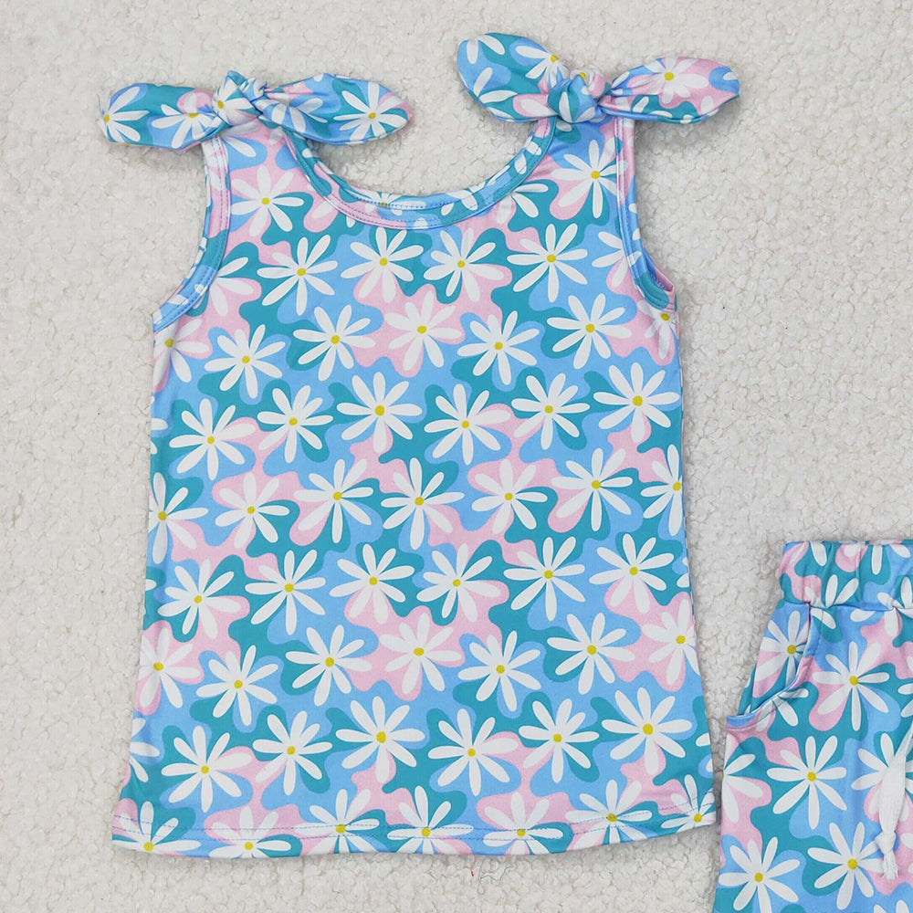 GSSO2262 RTS NO MOQ Sleeveless light blue pink floral baby girls summer outfits