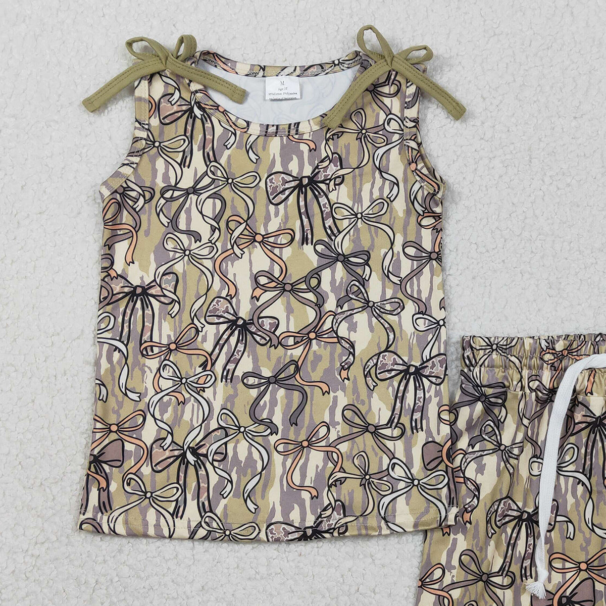 1.23 RTS NO MOQ （In stock）GSSO3127 Baby Girls Sleeveless Southern Olive Camo Bows Top Shorts Clothes Sets