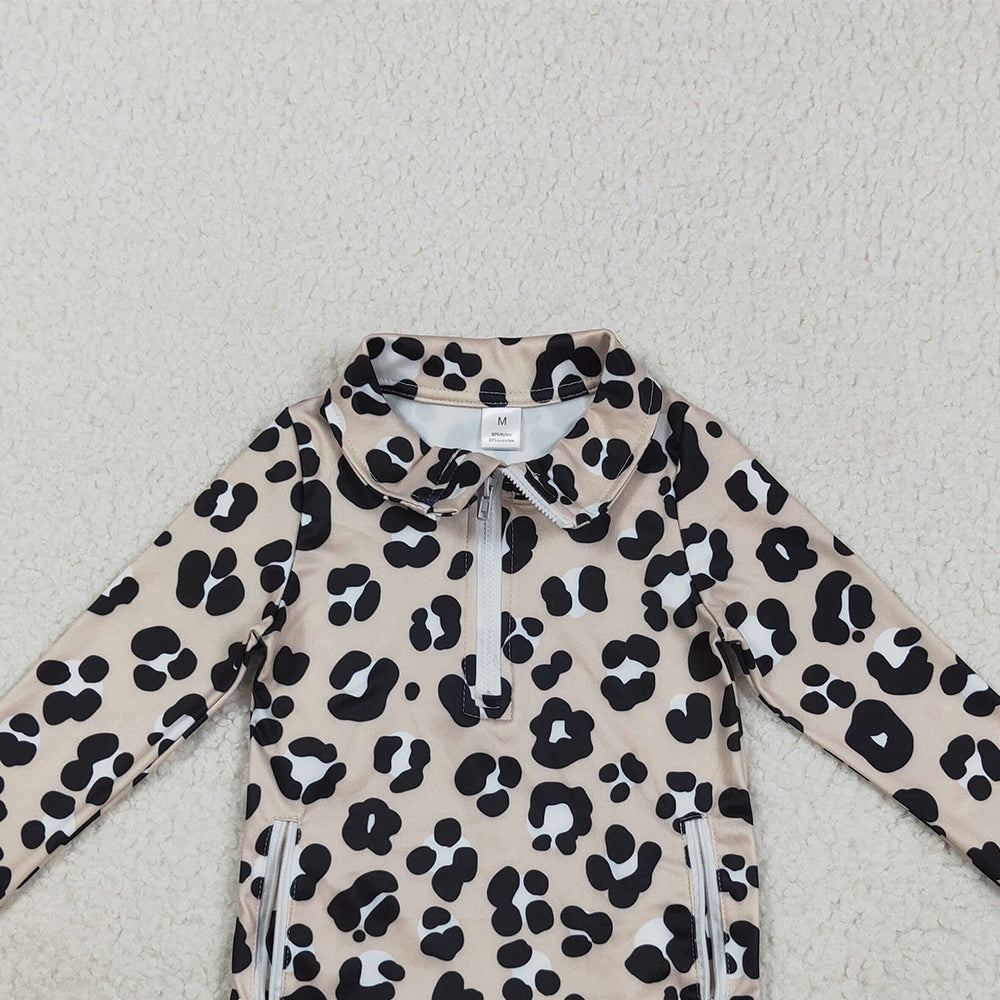8.22 RTS NO MOQ （In stock）GT1072 Baby Girls Yoga Tops Baby Girls Long Sleeves Black Leopard Pockets Zipper Yoga Jackets