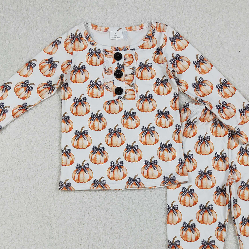 RTS NO MOQ （In stock）GLP2700 Baby Girls Winter Outfits Bows Pumpkins Button Top Pants Fall Pajamas Sets