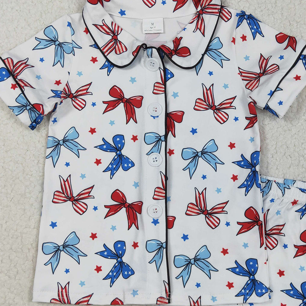 5.20  GSSO2484 RTS NO MOQ Baby Girls Summer Outfits Short sleeves blue red bow kids girls 4th of july pajamas