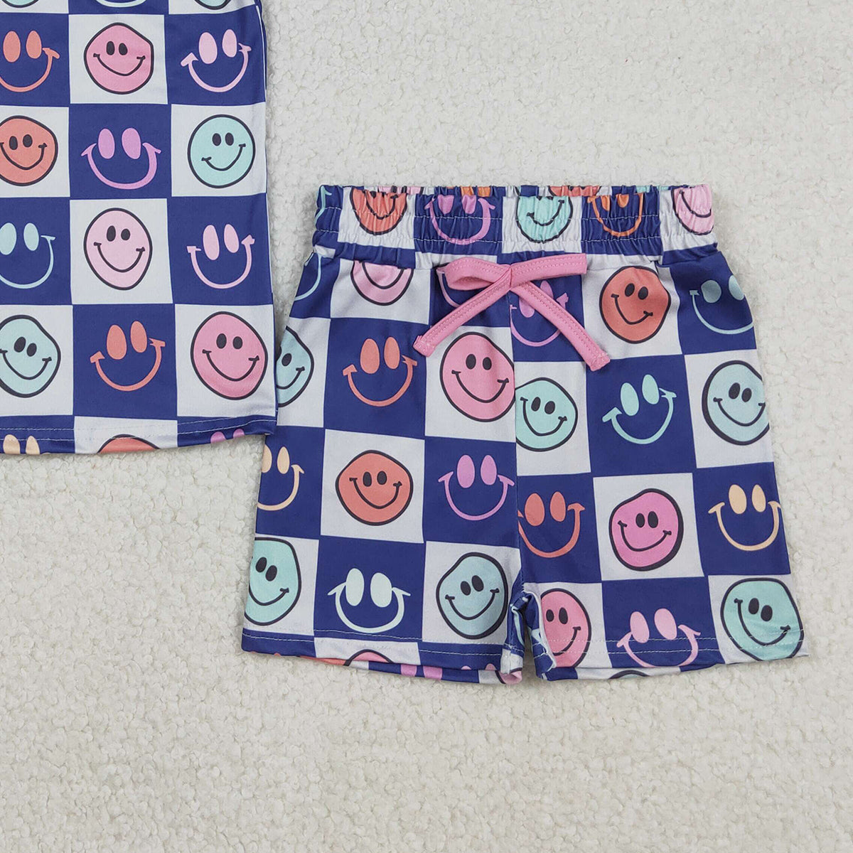 12.6 RTS NO MOQ （In stock）GSSO2831 Baby Girls Colorful Smiles Checked Top Pockets Shorts Clothes Sets