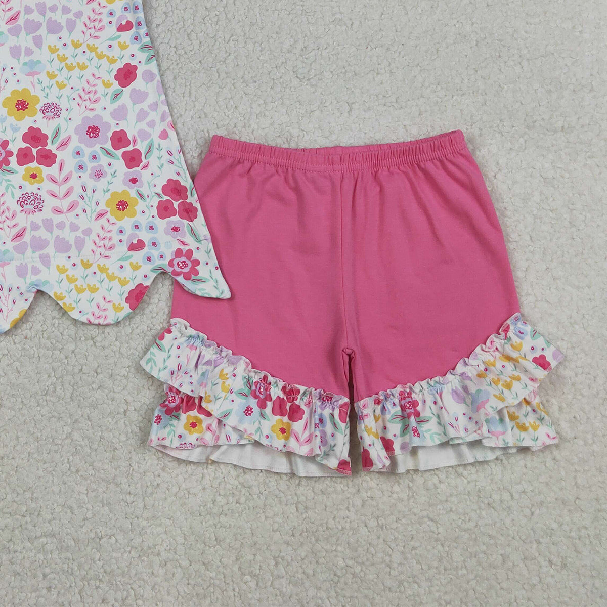 3.27 GSSO3391 RTS NO MOQ （In stock ）Sleeveless floral scallop top hot pink shorts girls outfits