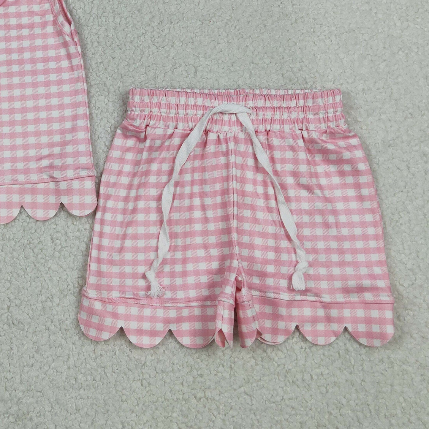 GSSO3394 RTS NO MOQ （In stock）Sleeveless pink plaid scallop top shorts girls outfits