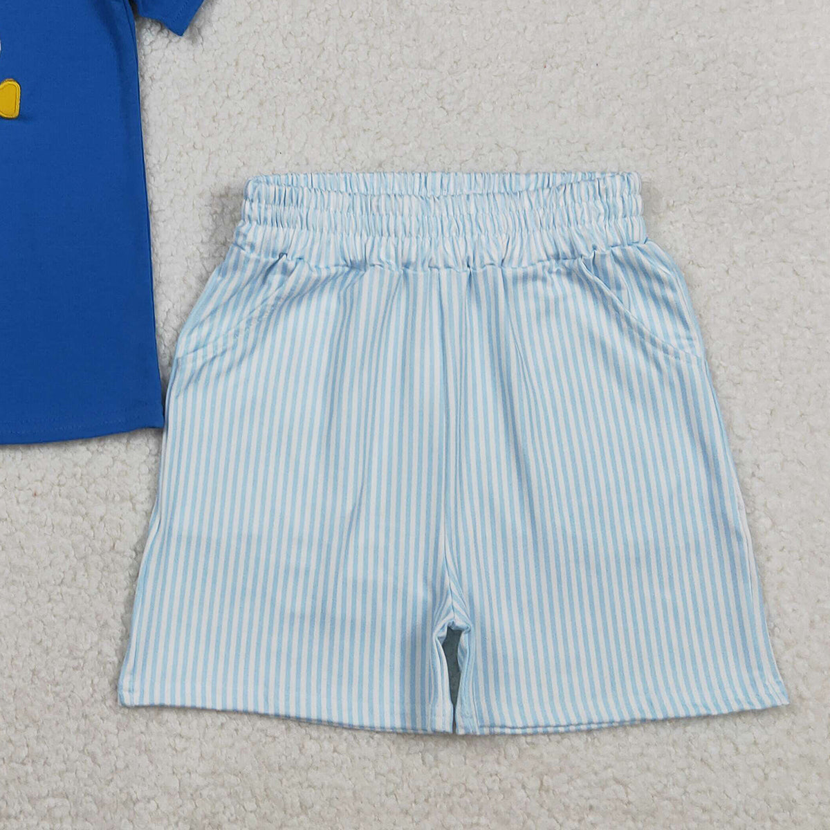 1.27 RTS NO MOQ （In stock）BSSO1670 Embroidery Baseballs Baby Boys Blue Top Pockets Stripe Shorts Team Clothes Sets