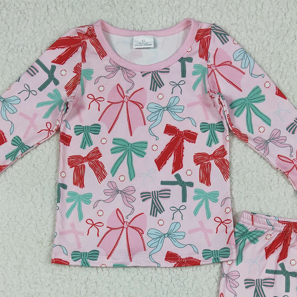 8.18 GLP2413RTS NO MOQ Baby Girls Winter Outfits Baby Girls Pink Long Ruffle Sleeves Colorful Bows Top Pant Pajamas Set