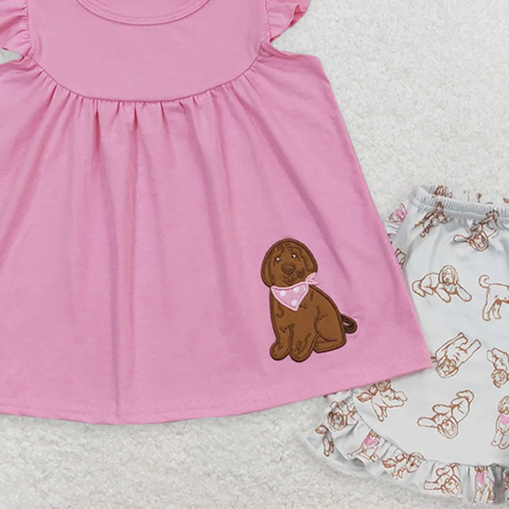 GSSO0581RTS NO MOQ  Baby Girls Summer Outfits Flutter sleeves dog tunic ruffle shorts girls summer clothing