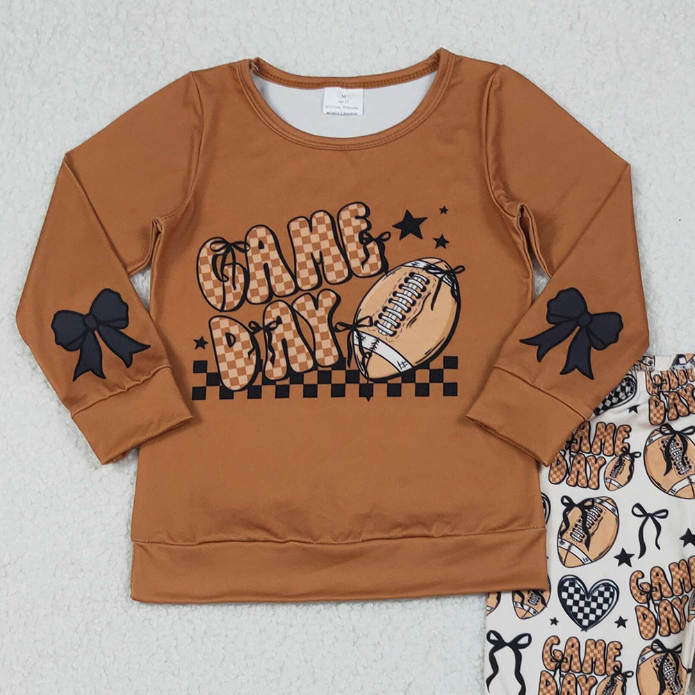 10.10 RTS NO MOQ （In stock）GLP2721 Baby Girls Winter Outfits Baby Girls Brown Game Day Footballs Top Bell Bottom Pant Team Clothes Set