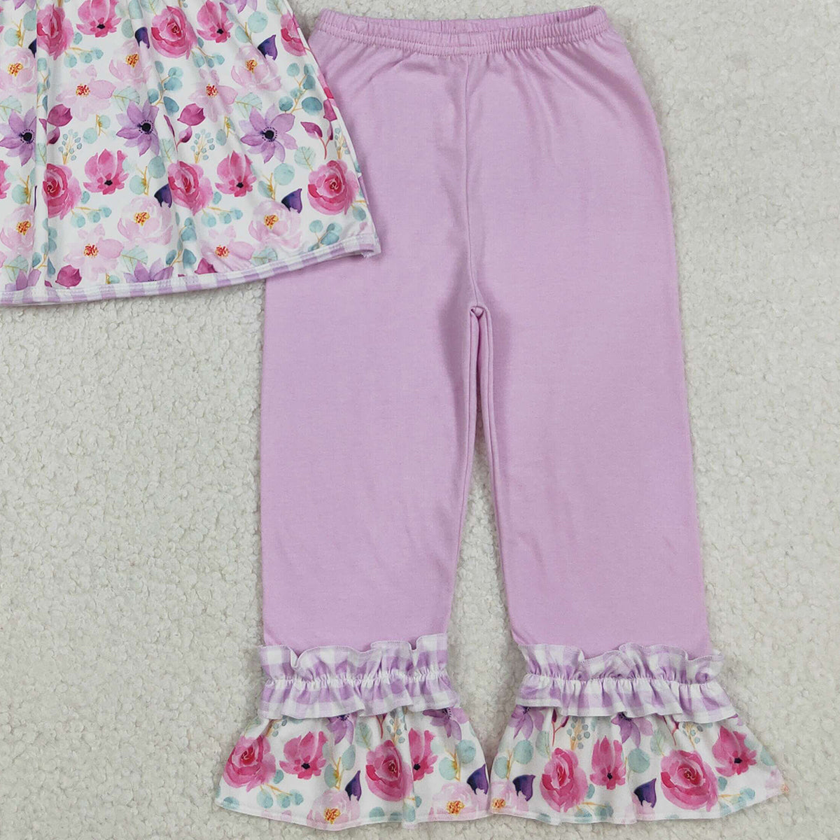 12.4 RTS NO MOQ （In stock）GSPO2129 Baby Girls Lavender Checked Jesus Love Me Flowers Tunic Ruffle Pants Clothes Sets