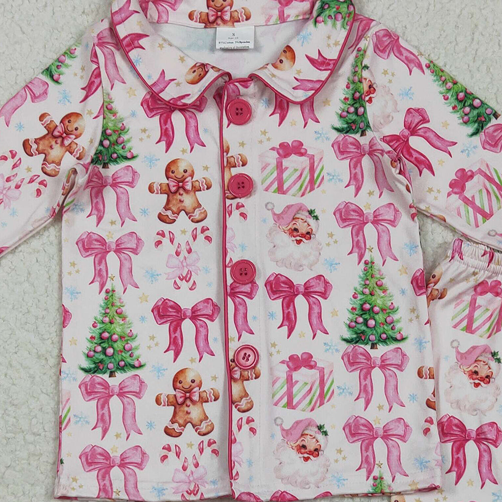 8.18 RTS NO MOQ （In stock）GLP2375  Baby Girls Winter Outfits Baby Girls Hot Pink Long Sleeves With Fur Bows Gingerbread Trees Button Top Pants Pajamas Set