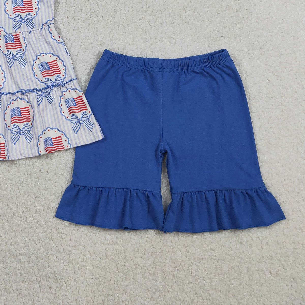 3.28 RTS NO MOQ （In stock）GSSO3296 Flutter sleeves bow flag tunic shorts girls 4th of july set