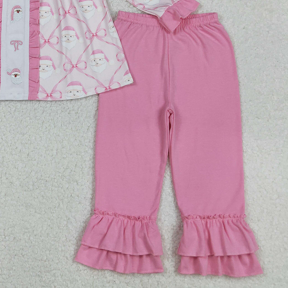 RTS NO MOQ （In stock）GLP2364 Baby Girls Winter Outfits Girls Pink Bow Santa Tunic Romper with Ruffle Pants for Christmas Holiday Outfits