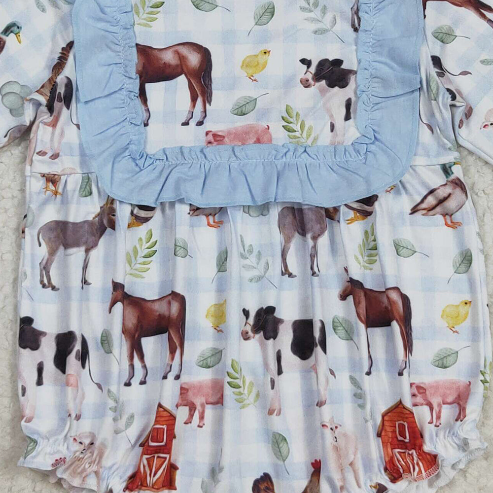 RTS NO MOQ （In stock）LR2362 Baby Girls Winter Rompers Baby Girls Long Ruffle Sleeves Farm Houses Chicks Rompers