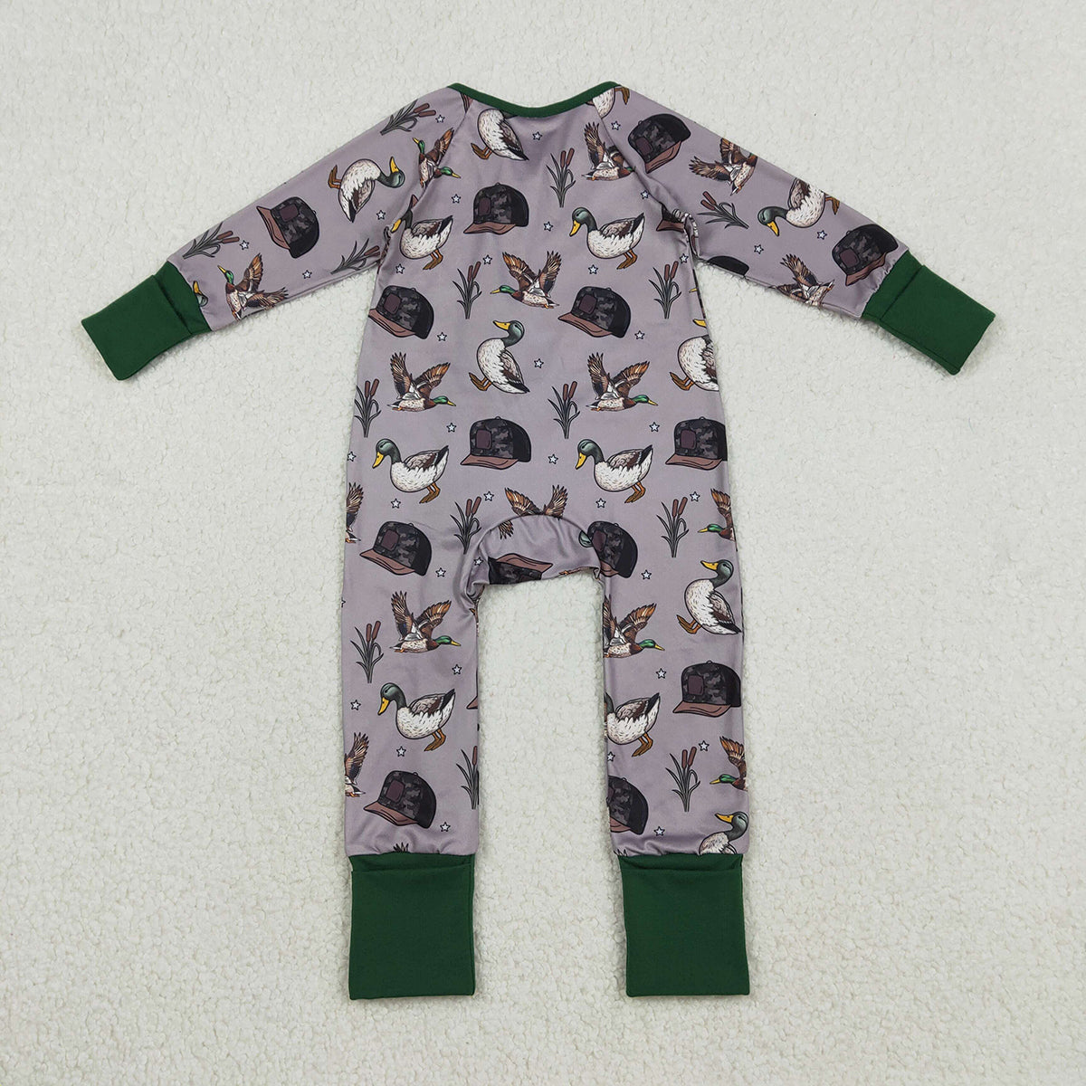 12.13 RTS NO MOQ （In stock）LR2886 Baby Girls Winter Rompers Baby Boys Camo Hats Ducks Hunting Two Way Zip Convertible Rompers