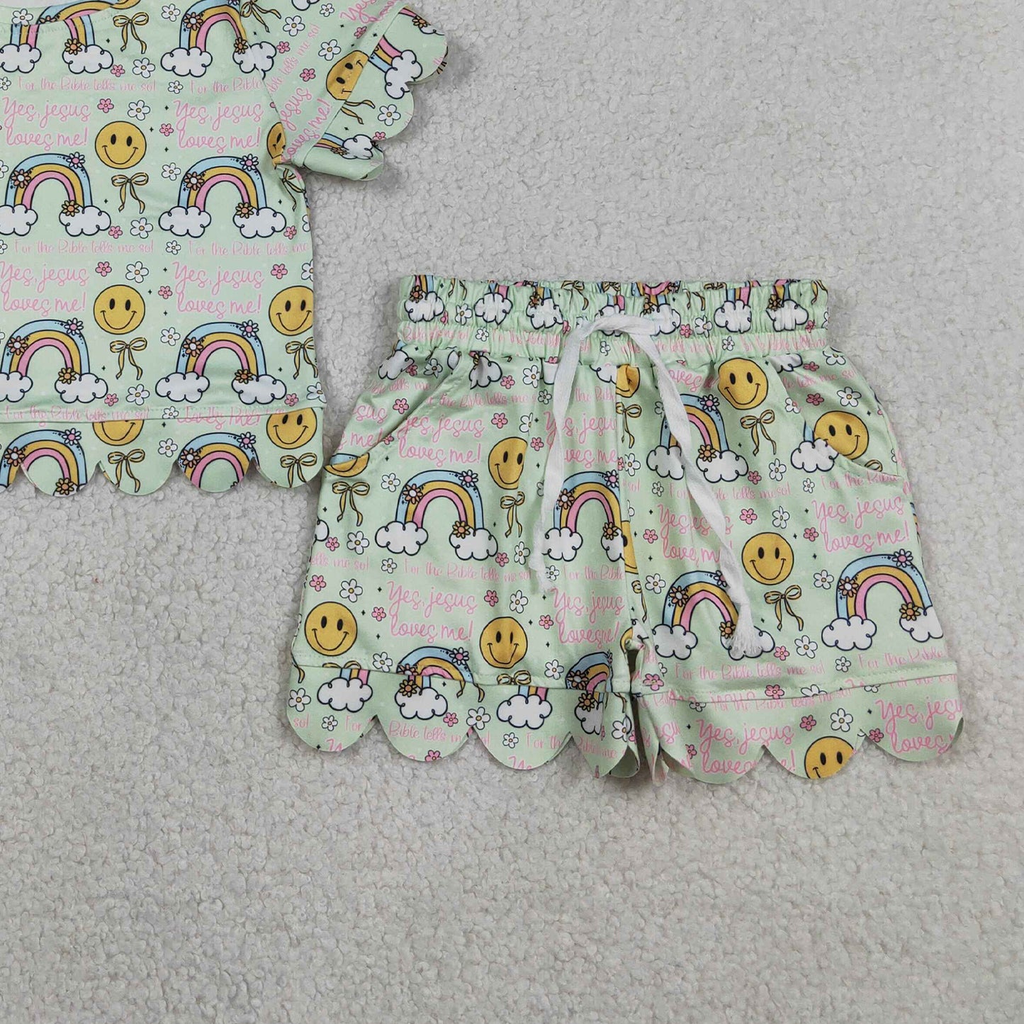 GSSO3283 RTS NO MOQ （In stock ）Baby Girls Rainbow Smiles Flowers Top Pockets Shorts Scallop Clothes Sets