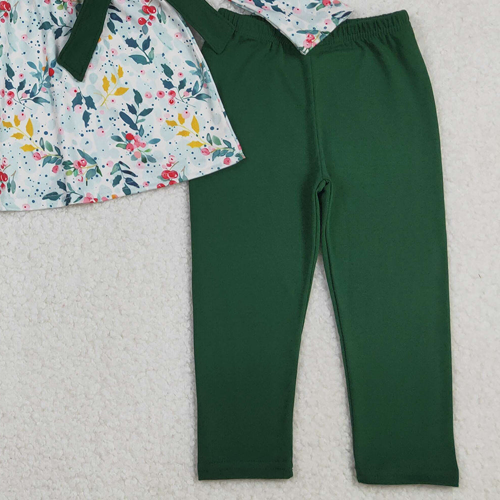 10.10 RTS NO MOQ （In stock）GLP2476 Baby Girls Winter Outfits Baby Girls Green Leaves Bows Tunic Leggings Pants Clothes Sets