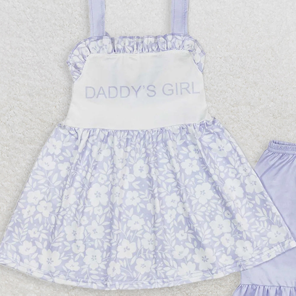 GSSO1069 RTS NO MOQ Baby Girls Summer Outfits Daddy's girl blue flower lace sleeveless shorts set