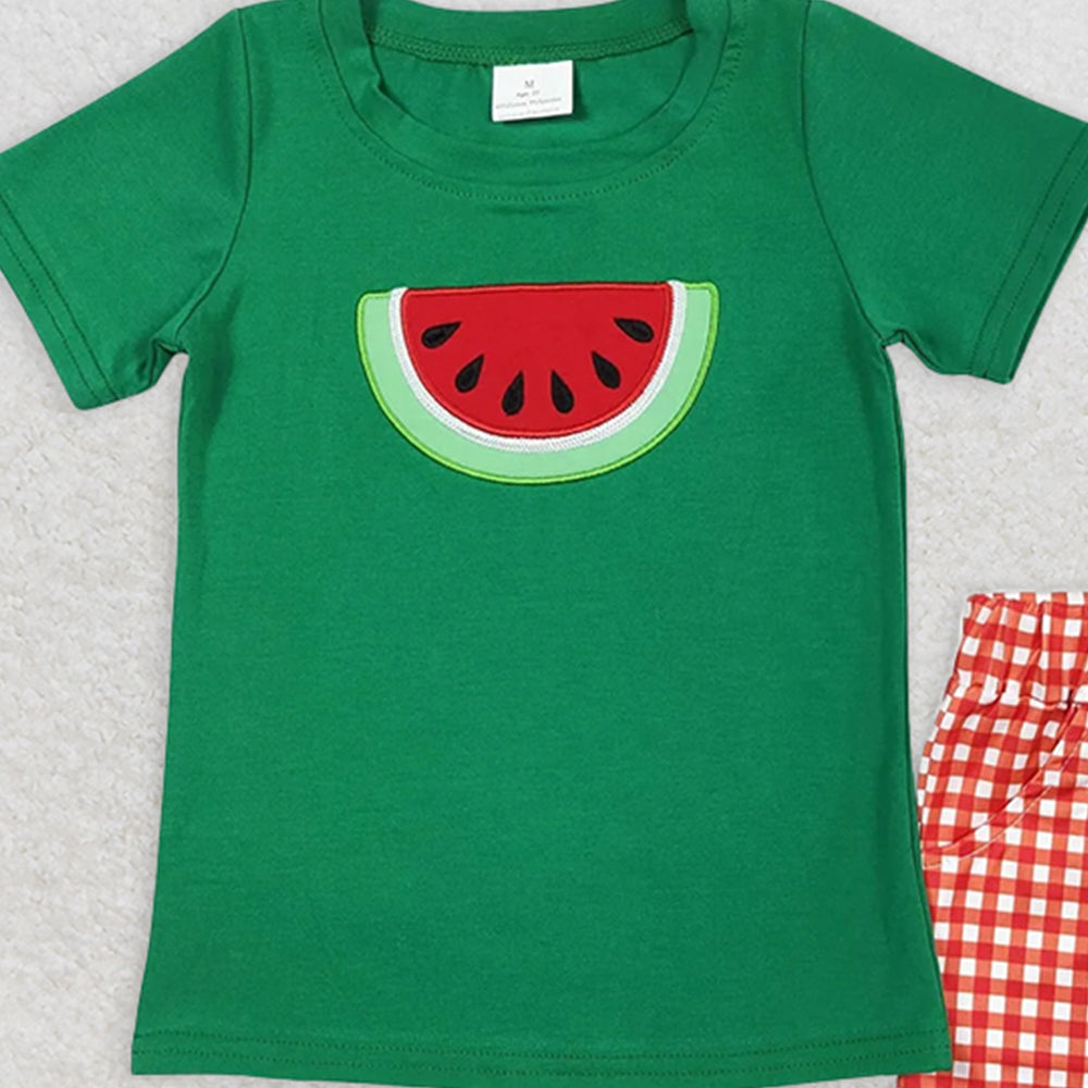 BSSO0345RTS NO MOQ Baby Boys Summer Boys Outfits  Baby Boys Watermelon Short Tee Summer Shirts Checkered Shorts Clothes Sets
