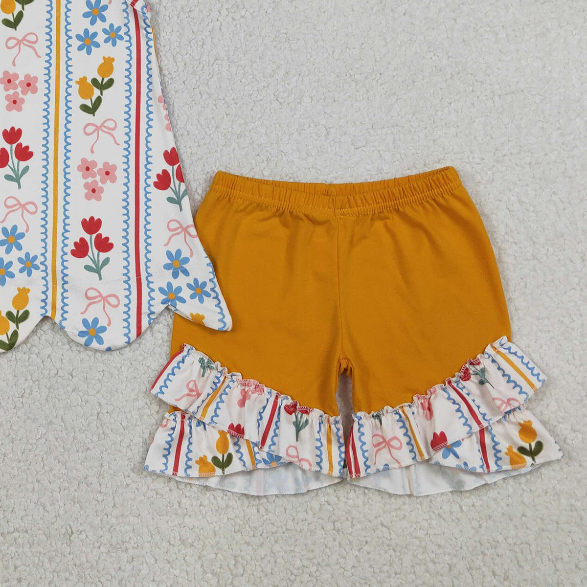 3.19 RTS NO MOQ （In stock）GSSO3388 Kids Clothing for Baby Girls Strap Bows Flowers Stripe Scallop Tunic Ruffle Shorts Clothes Set