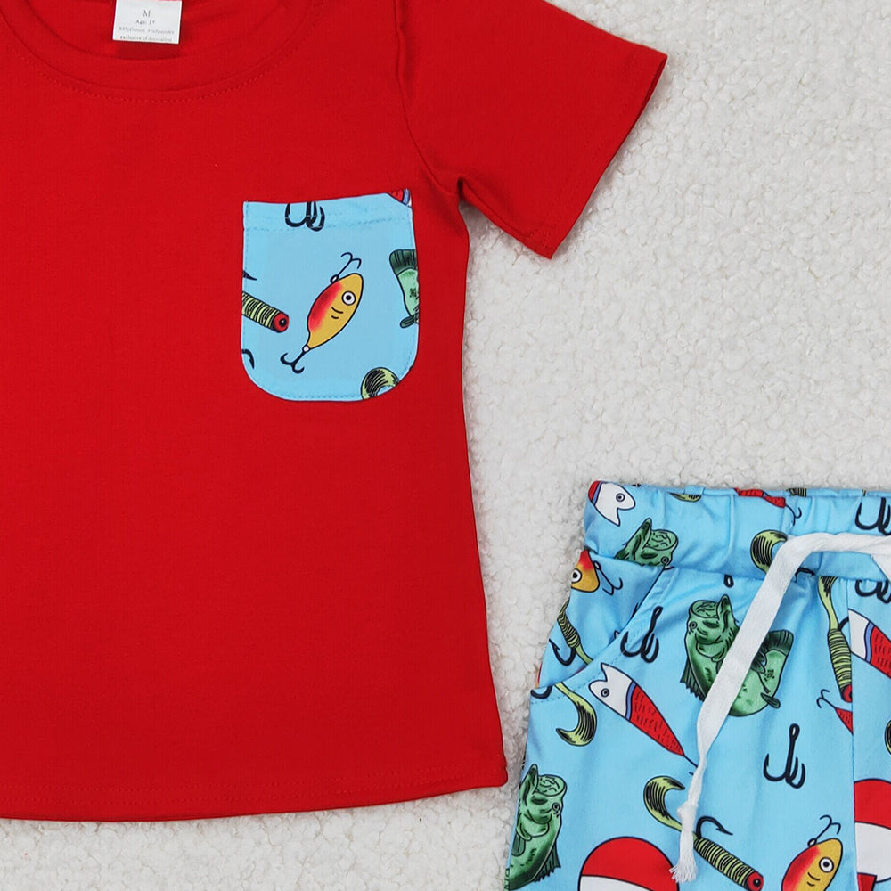 4.18 BSSO1289 RTS NO MOQ Red short sleeves pocket top fishing shorts boys clothes