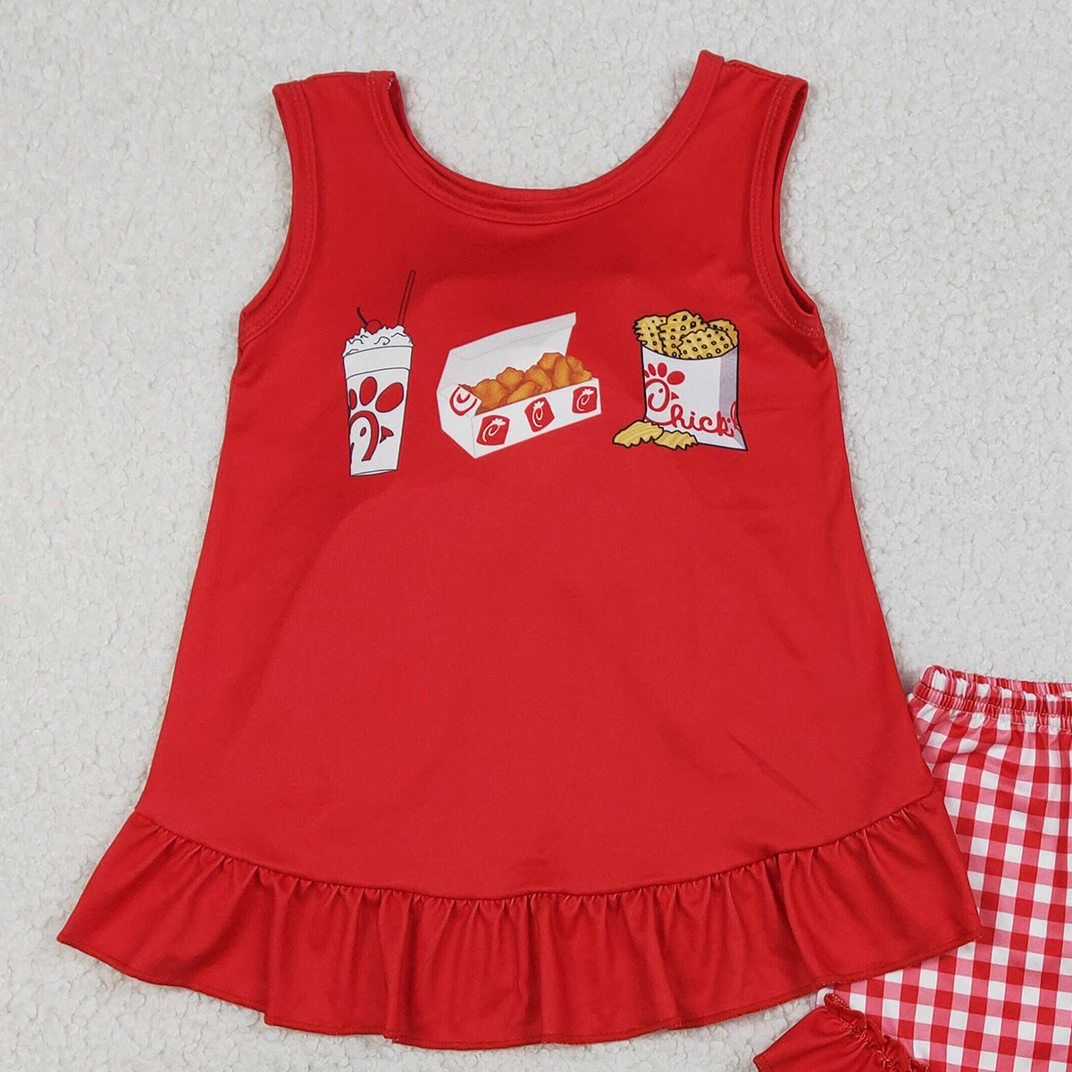 1.16 RTS NO MOQ （In stock）GSSO3009 Baby Girls Chip Chicken Back Bows Tunic Checked Ruffle Shorts Sets
