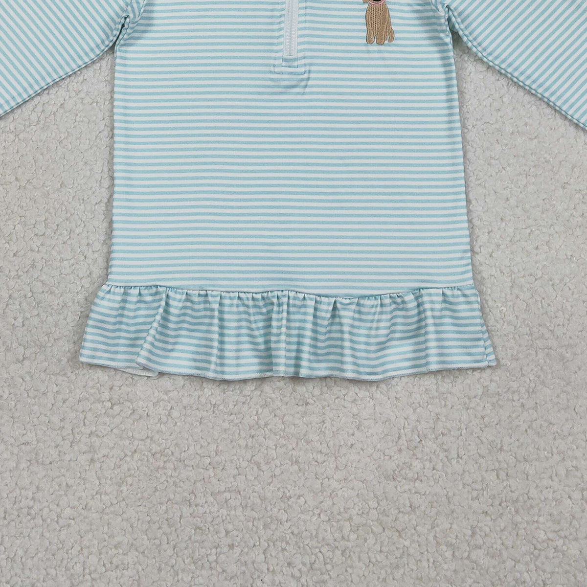 1.21 RTS NO MOQ （In stock）GT1543 Embroidery Bow Dogs Baby Girls Blue Stripe Hunting Zip Ruffle Pullovers Top