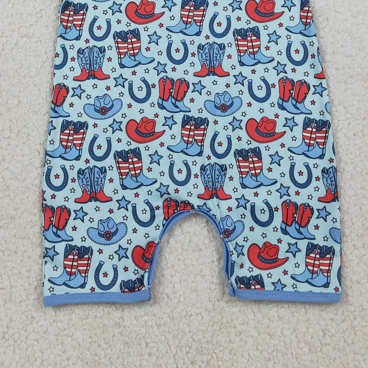 3.26 RTS NO MOQ （In stock）SR3884 Children's Fashion Romper Baby Boys Short Sleeve Blue Star Hat Boots 4th of July Western Button Rompers