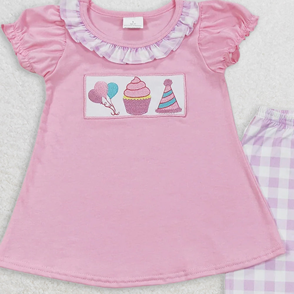 GSPO0960 RTS NO MOQ Baby Girls Spring Outfits Embroidered balloon cake birthday hat pink short-sleeved purple and white plaid trousers suit