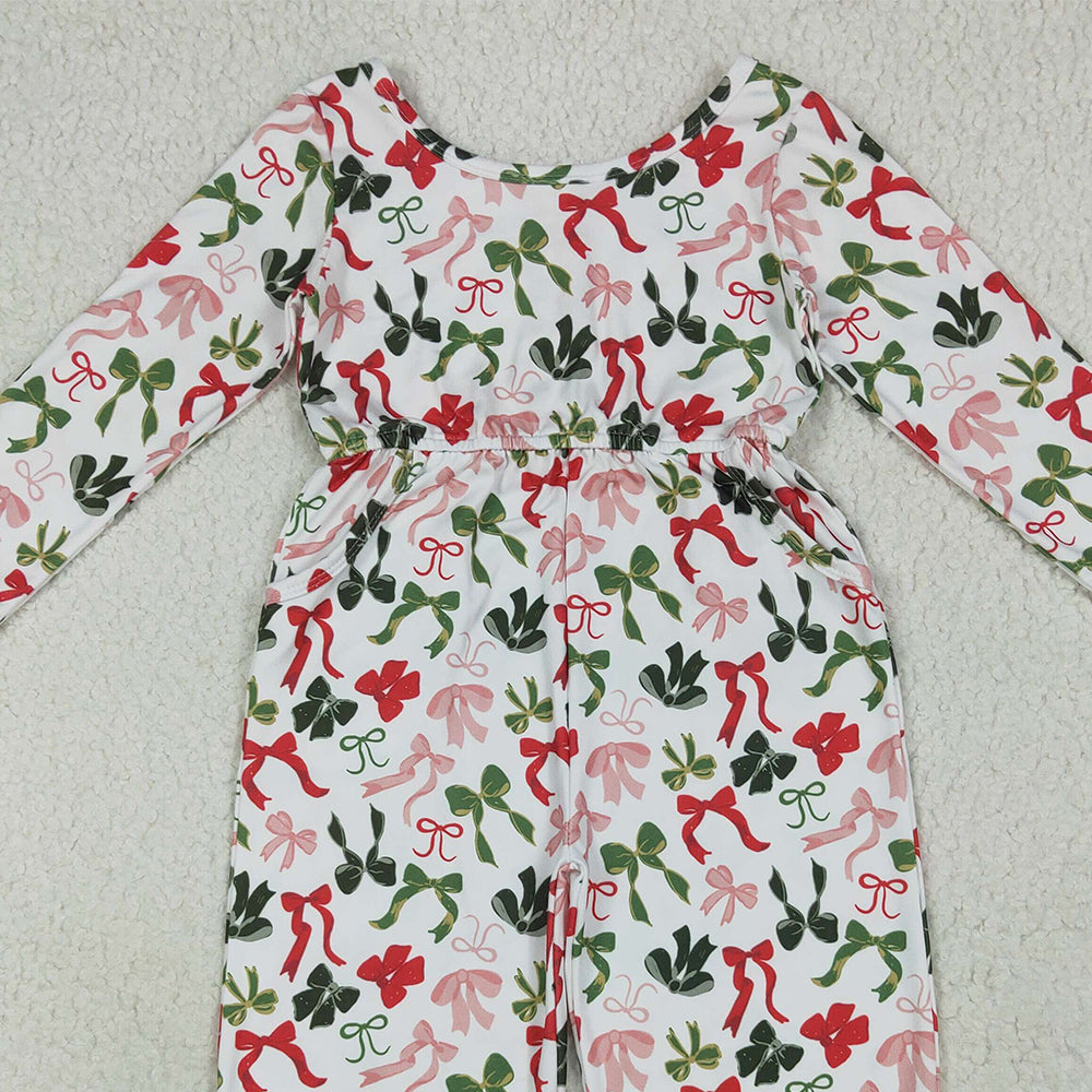 7.10 LR2192RTS NO MOQ Baby Girls Winter Jumpsuits Baby Girls Long Sleeves Colorful Bows Pockets Christmas Jumpsuits