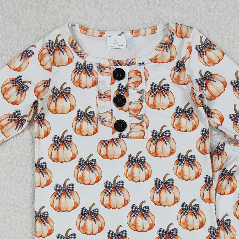RTS NO MOQ （In stock）GLP2700 Baby Girls Winter Outfits Bows Pumpkins Button Top Pants Fall Pajamas Sets