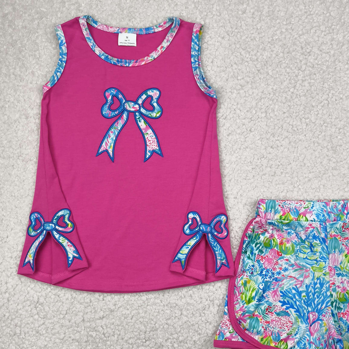 5.20 GSSO2149 RTS NO MOQ Baby Girls Summer Outfits Embroidery Baby Girls Bow Tunic Top Flowers Shorts Clothes Sets