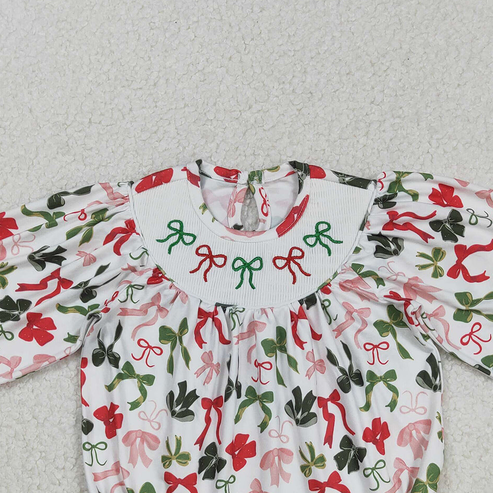 RTS NO MOQ （In stock）LR2185 Baby Girls Winter Rompers  Christmas Romper Long Sleeves Green Red Bow Cute Holiday Outfit for Kids