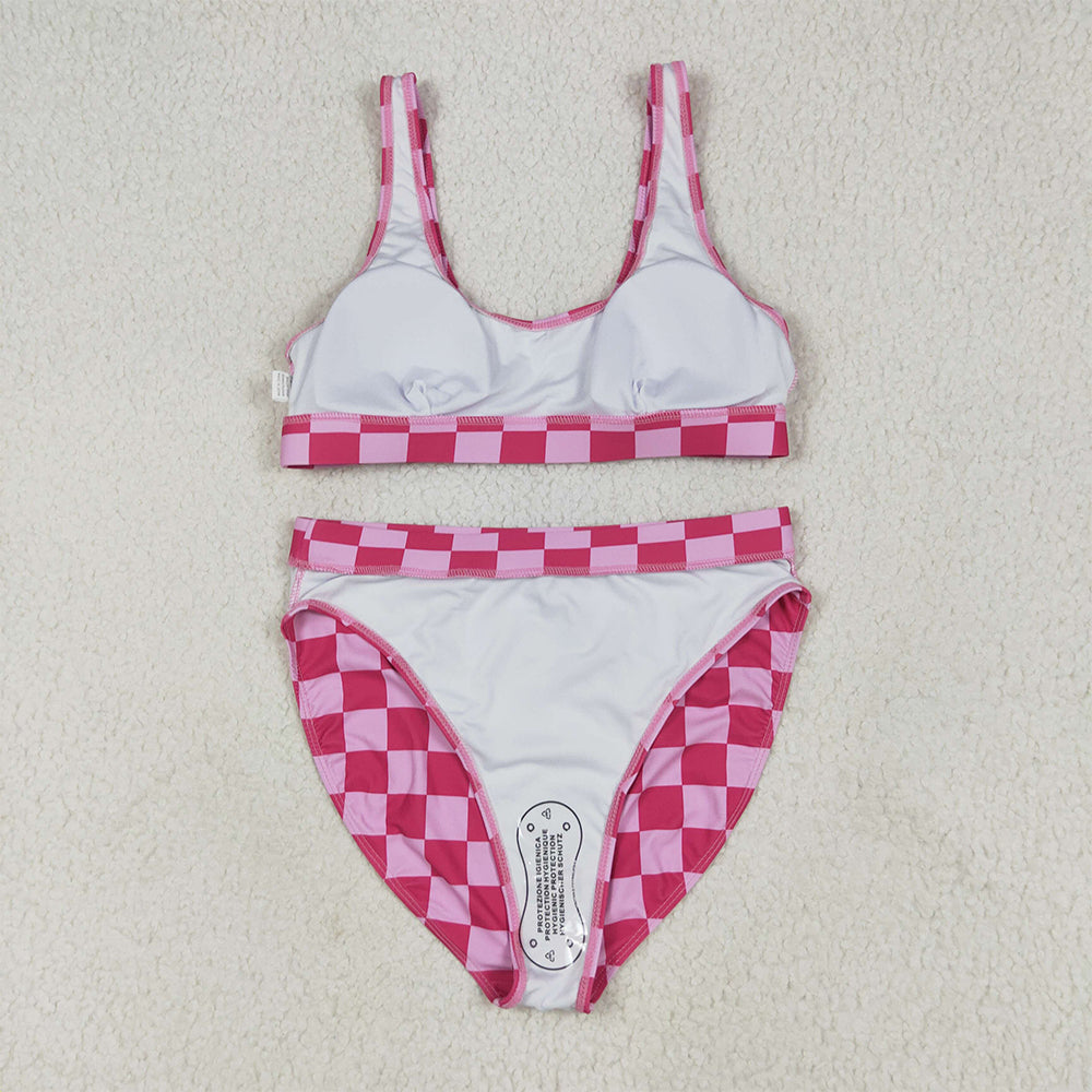 S0561+S0560 RTS NO MOQ Adult Women's Swimsuit Adult Women Pink Checkered Bra Swim Top Adult Women Pink Checkered Swim Bottom Sets