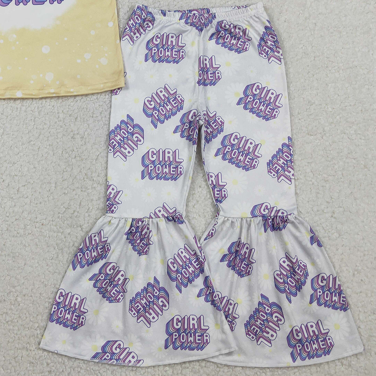 2.2 RTS NO MOQ （In stock）GSPO1092 Baby Girl Power Short Sleeve Shirt Top Bell Bottom Pants Clothes Sets