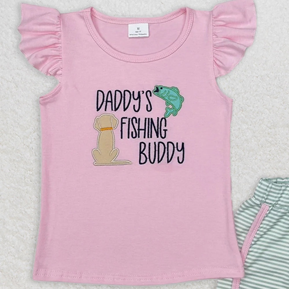 GSSO1673RTS NO MOQ Baby Girls Summer Outfits Pink daddy's fishing buddy top stripe shorts girls clothes