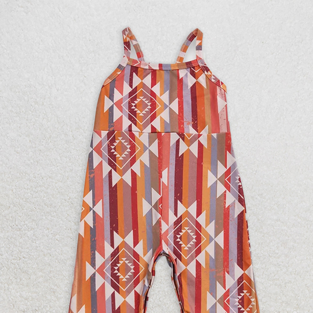 SR0252 RTS NO MOQ Baby Girls Summer Jumpsuits  Baby Girls Orange Aztec Strap Bell Bottom Jumpsuits