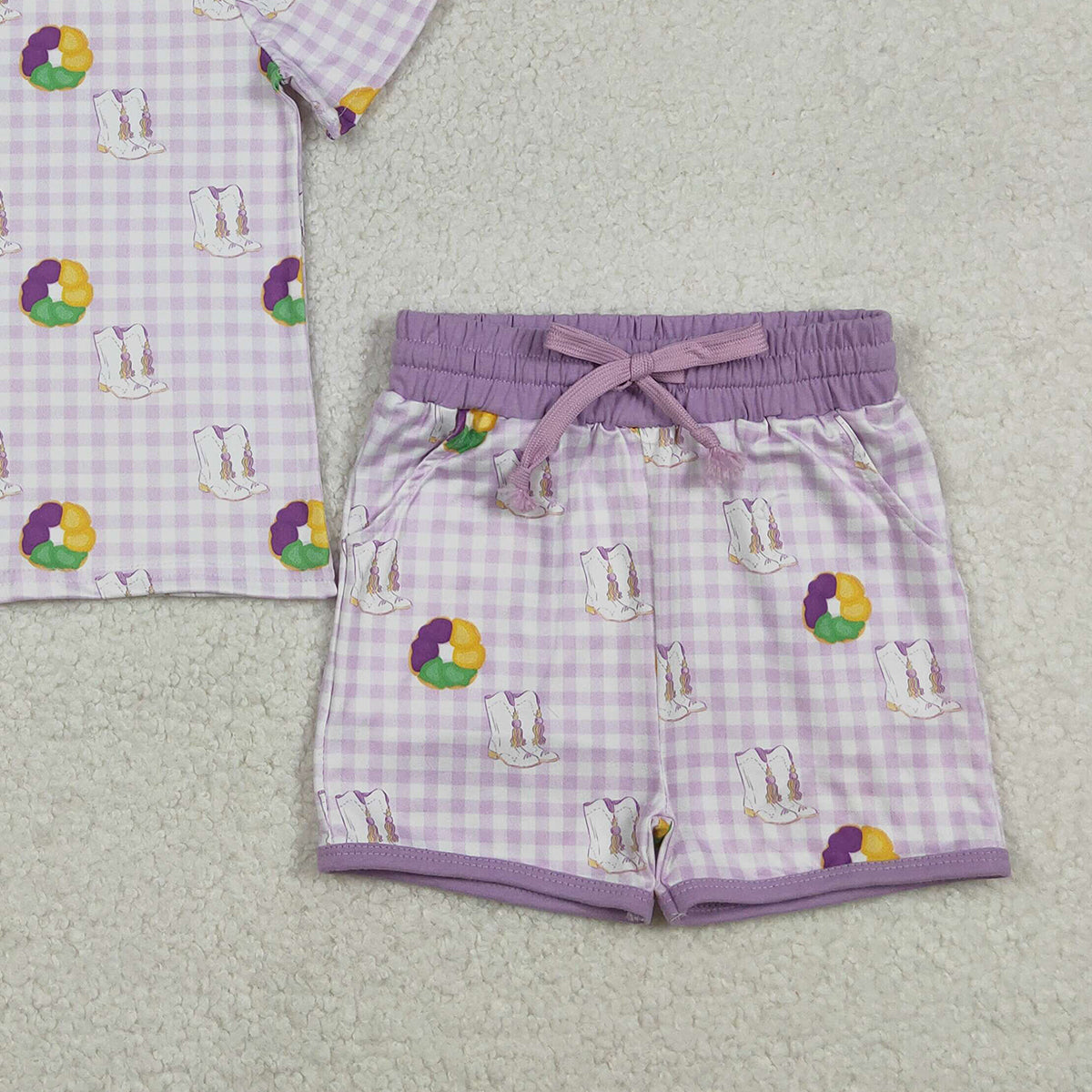 12.9 RTS NO MOQ （In stock）GSSO2740 Baby Girls Mardigras Boot Donuts Checked Top Pockets Shorts Clothes Sets