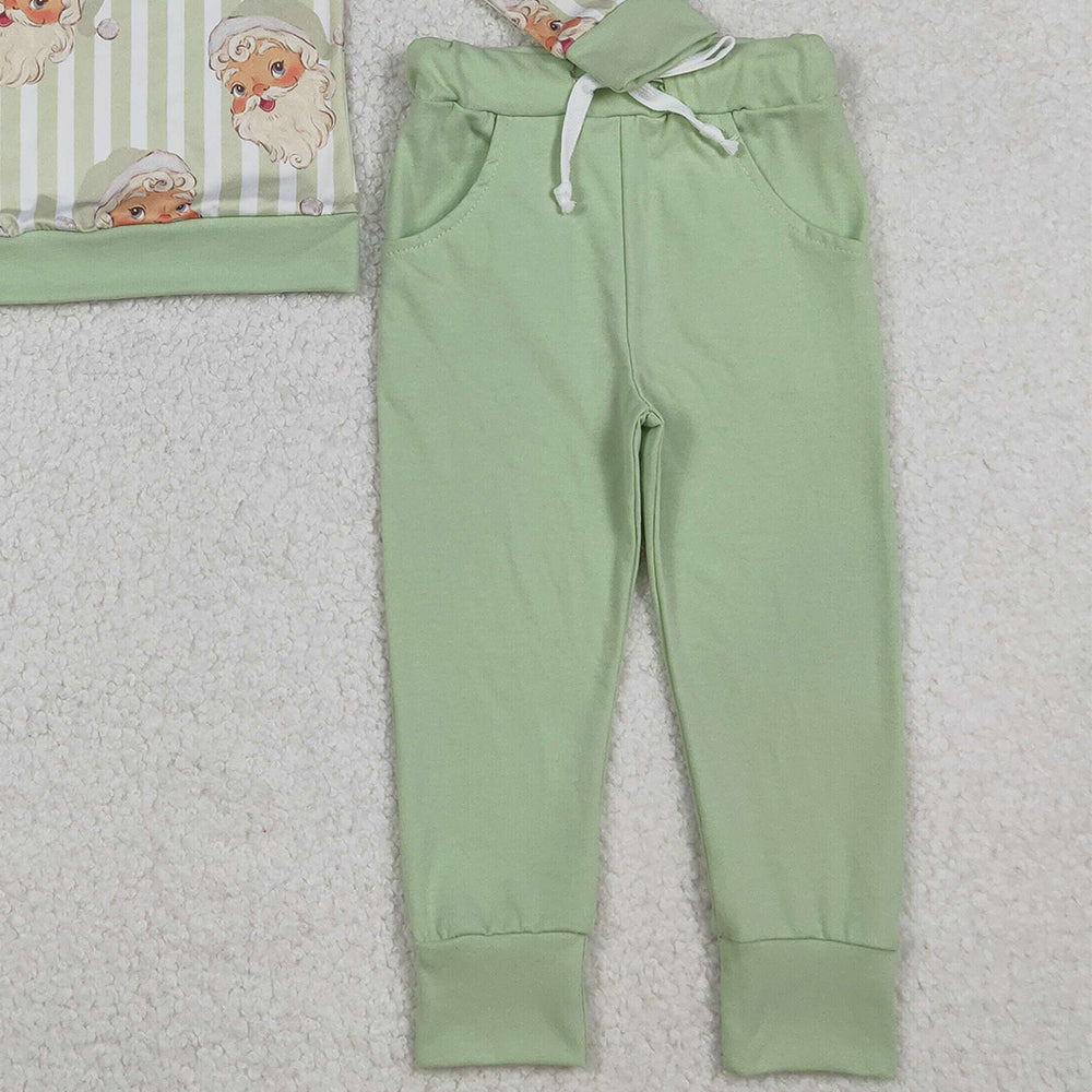 10.1 RTS NO MOQ （In stock）BLP1074  Baby Boys Winter Outfits Baby Boys Green Stripe Santa Top Pockets Pants Christmas Clothes Sets
