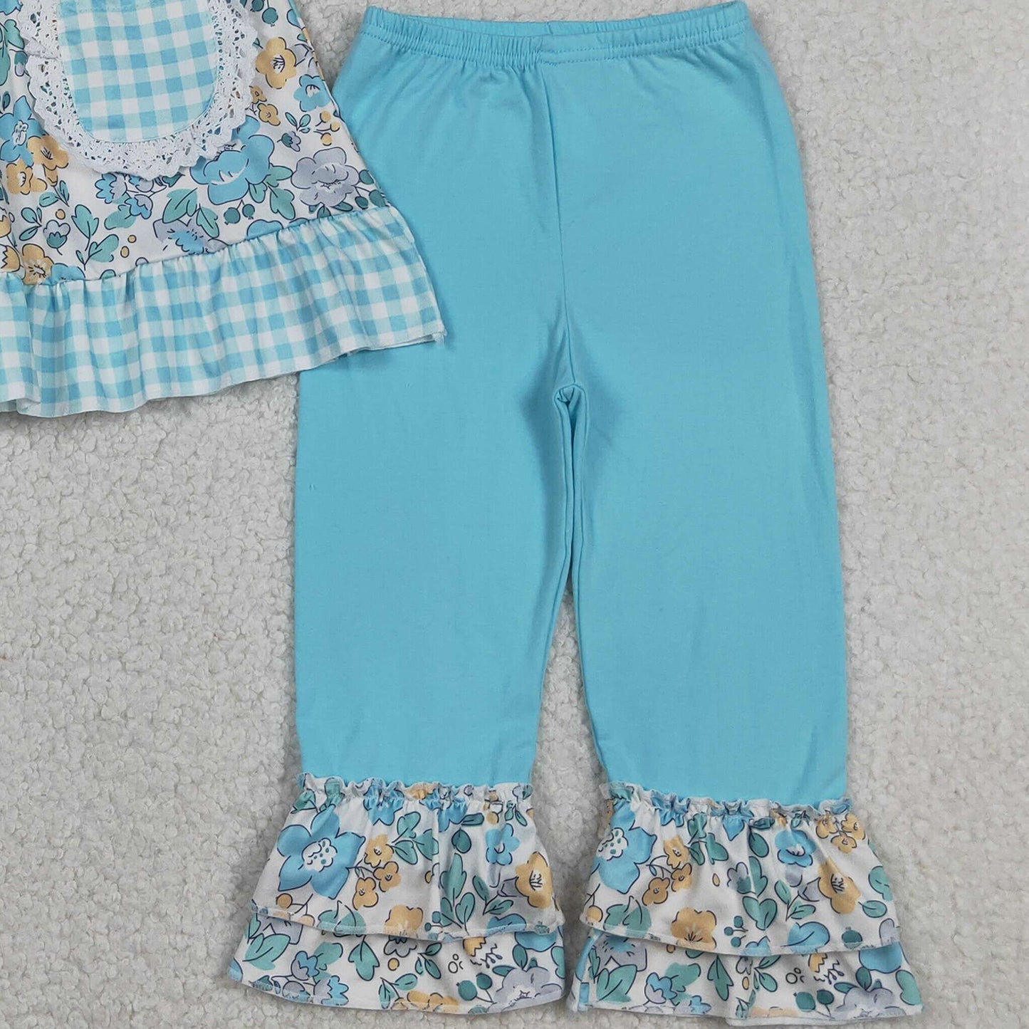 GSPO2282 RTS NO MOQ （In stock ）Short sleeves plaid floral tunic pants girls outfits